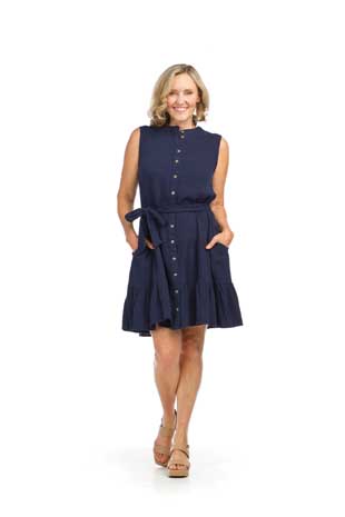 PD-16514 - SLEEVELESS GAUGE BUTTON FRONT DRESS WITH POCKETS & BELT - Colors: BRICK, NAVY - Available Sizes:XS-XXL - Catalog Page:11 